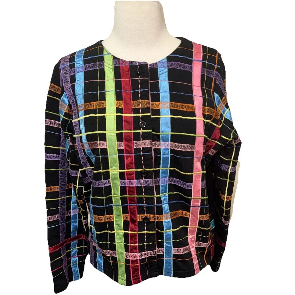 Michael Simon Lite Cotton Jacket M Colorful Plaid Patchwork Embroidered Art Wear - Picture 2 of 8